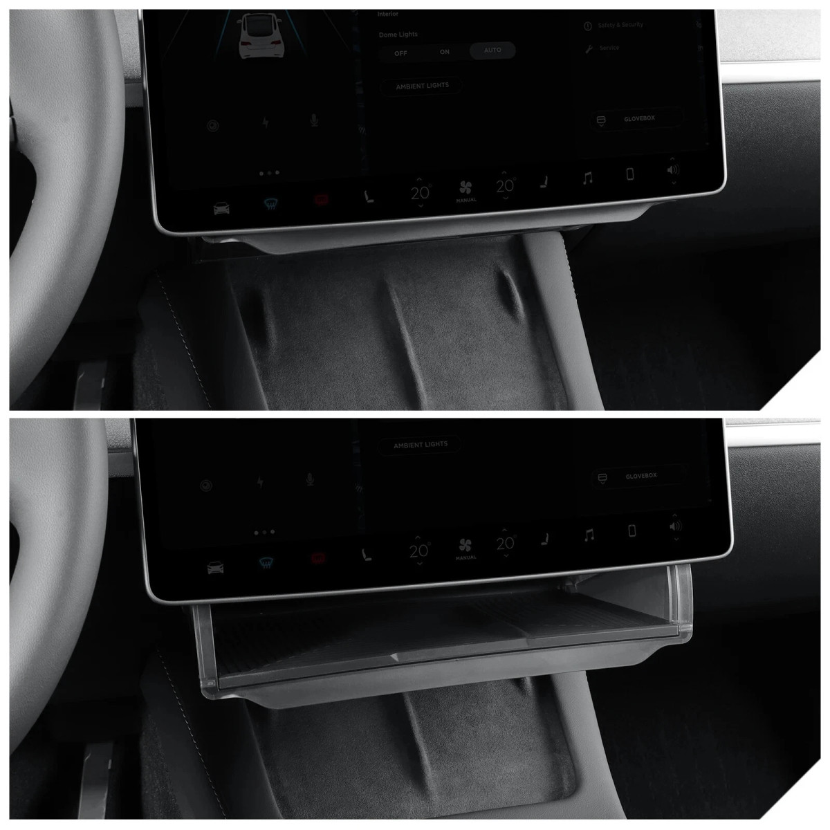 Foldable under-screen organiser for Tesla Model 3 2024+ and Model Y 2025+