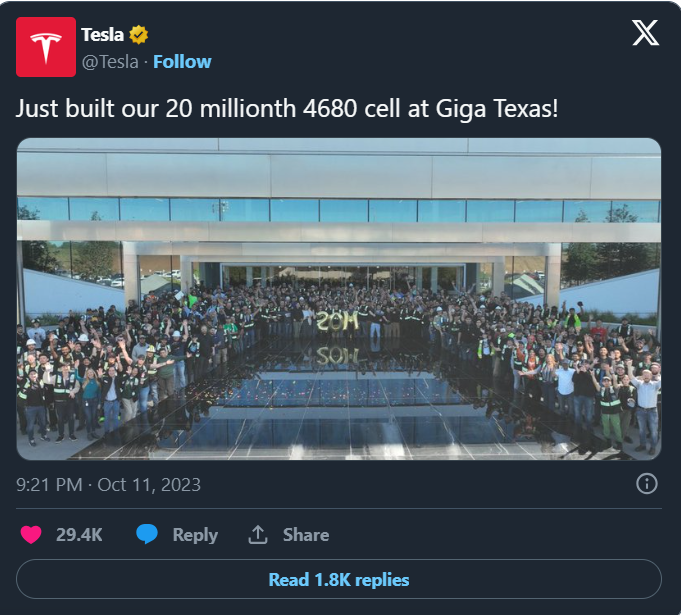 Gigafactory Texas achieves 20 millionth 4680 battery cell