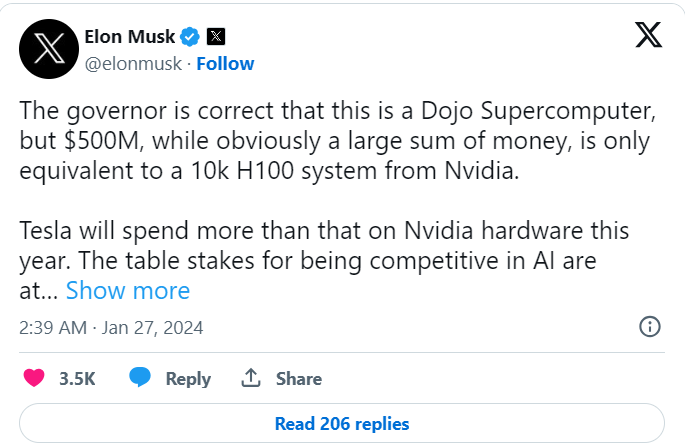 Tesla's $500 Million Investment in Dojo Supercomputer