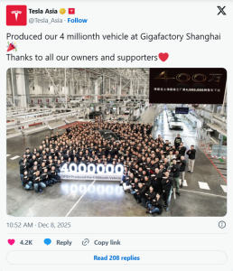 Tesla Reaches a Major Milestone with 4 Million Cars Built at Giga Shanghai